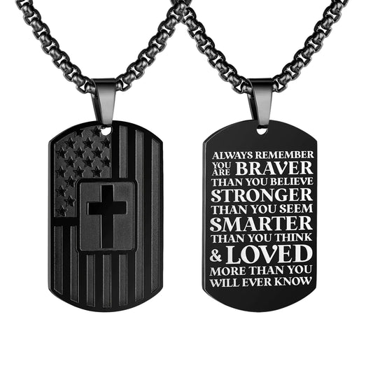 RUOOUY American Flag Bible Verse Cross Necklace for Men Inspirational Bible Verse Dog tag Pendant Stainless Steel Chain 22+2 inch Religious Jewelry Patriotic Gift for Men（Always-Black）